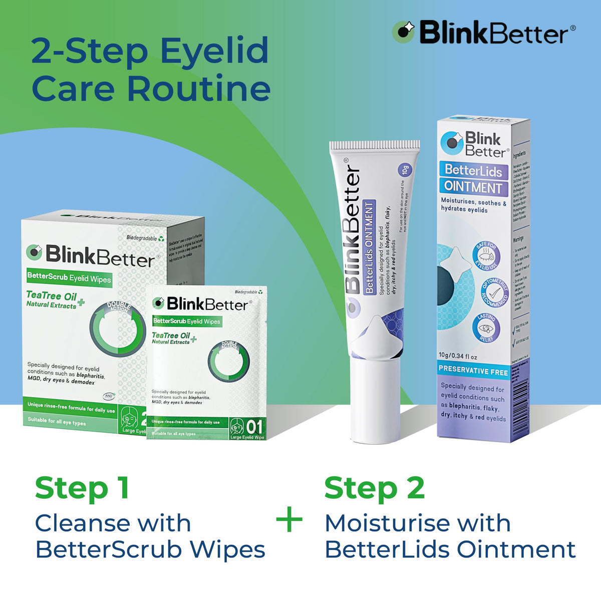 BlinkBetter pack on bathroom counter staged with mirror implying daily eyelid hygiene routine and refreshment