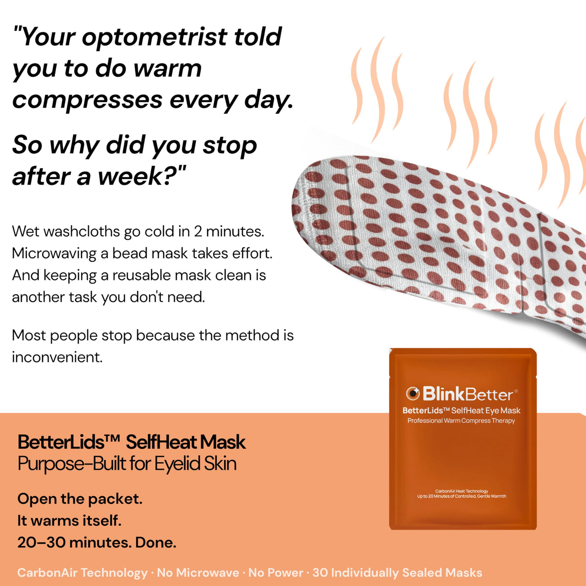 BlinkBetter mask worn by person relaxing, demonstrating soothing eye relief