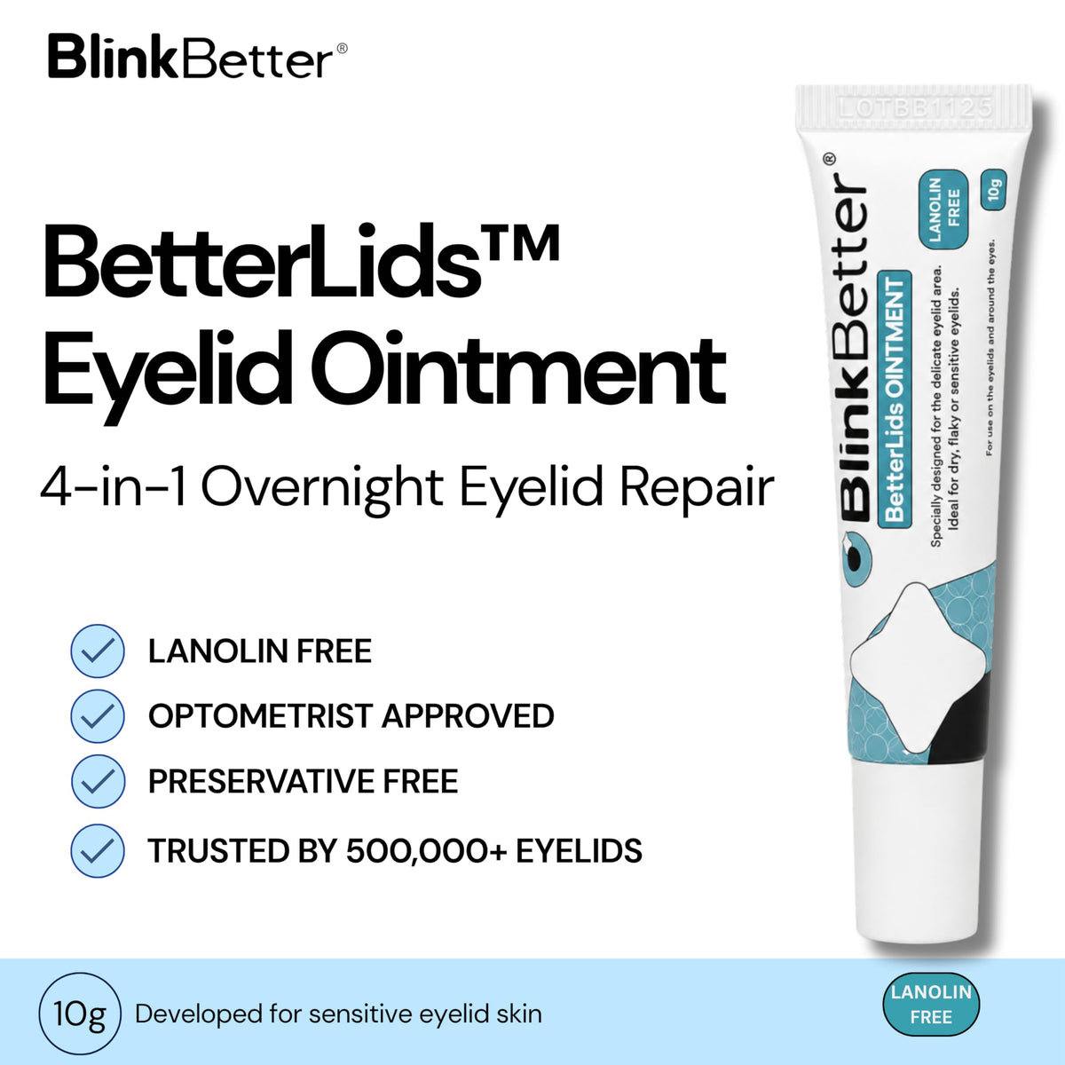 BlinkBetter tube opened with a small ointment bead showing smooth texture and ready-to-use hydration