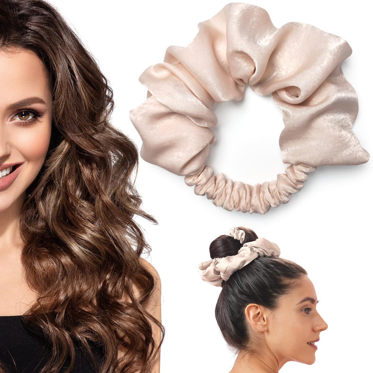 BLINKEEN front view of beige scrunchie showing design and easy wear benefits
