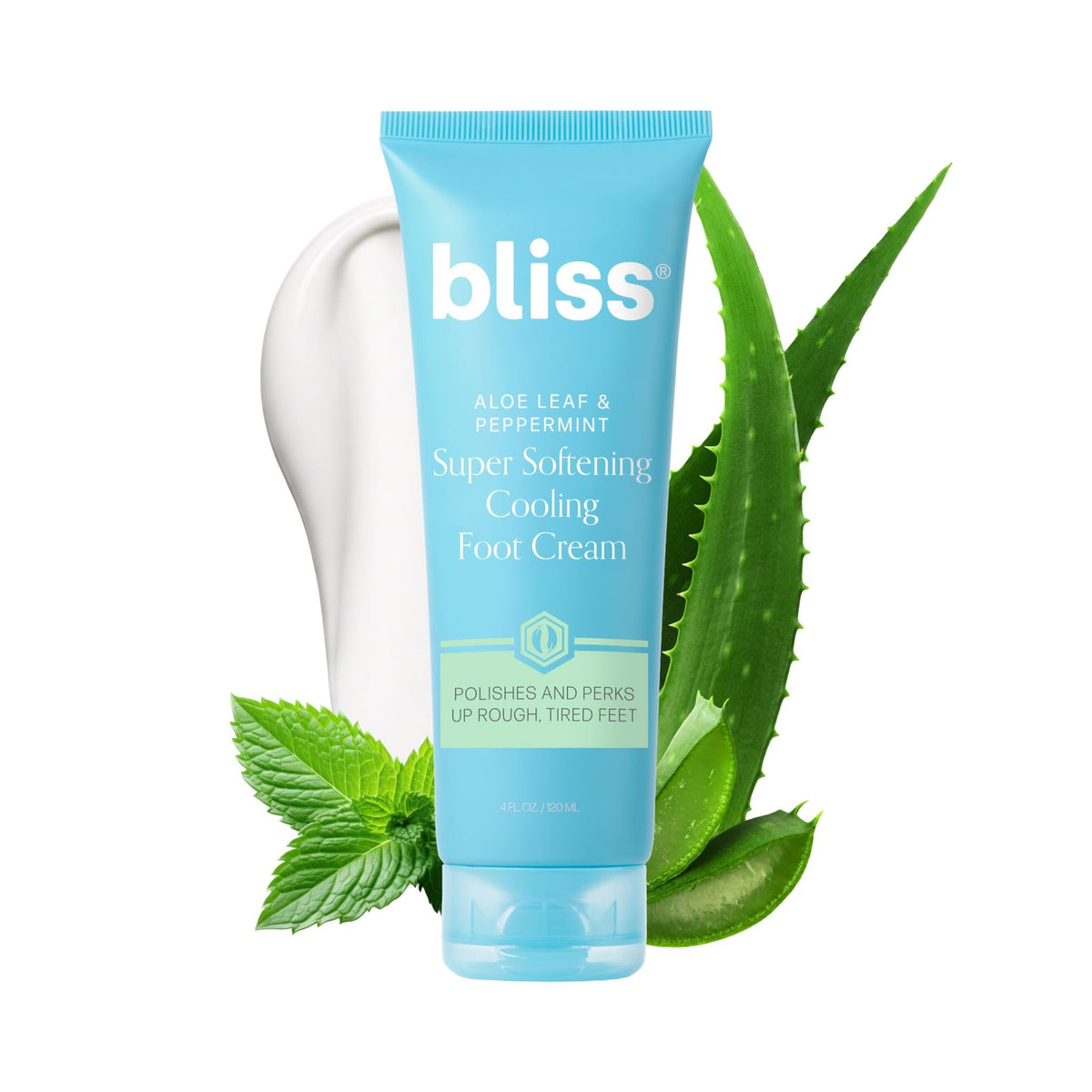 Bliss front packaging of Aloe Leaf & Peppermint foot cream showing tube and label benefit