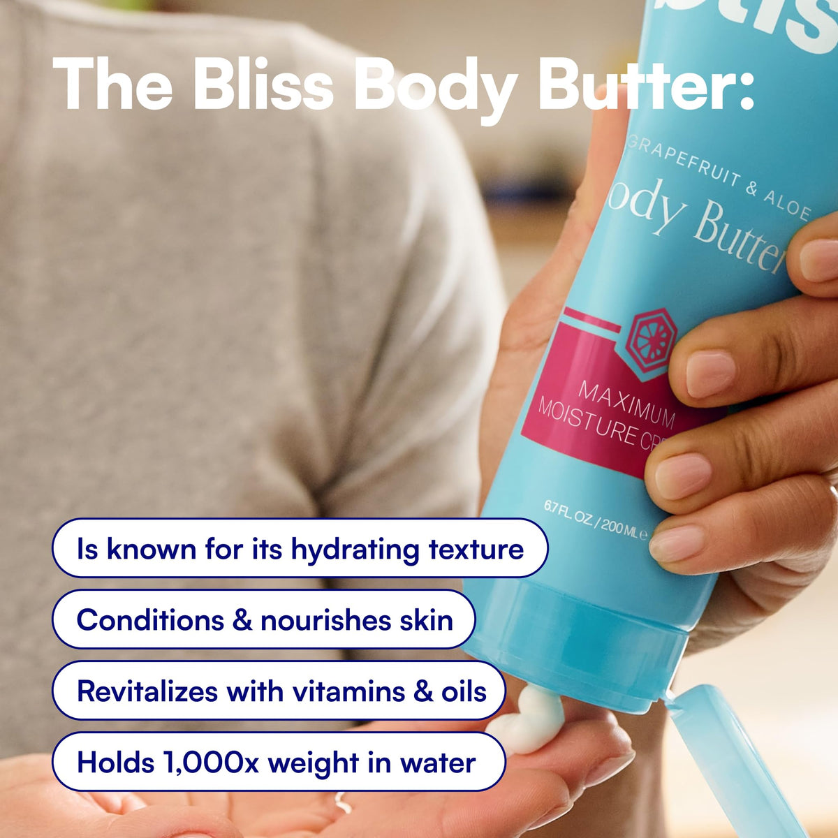 Bliss body butter with key ingredients displayed for nourishing benefits