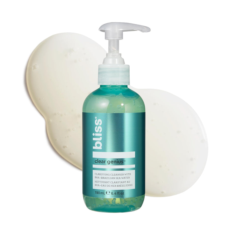 Bliss cleanser front packaging showing bottle and branding, promotes clear skin