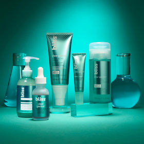 Bliss on bathroom vanity with other skincare for routine-ready lifestyle appeal