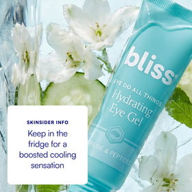 Bliss eye gel on bathroom counter in lifestyle scene for everyday routine use