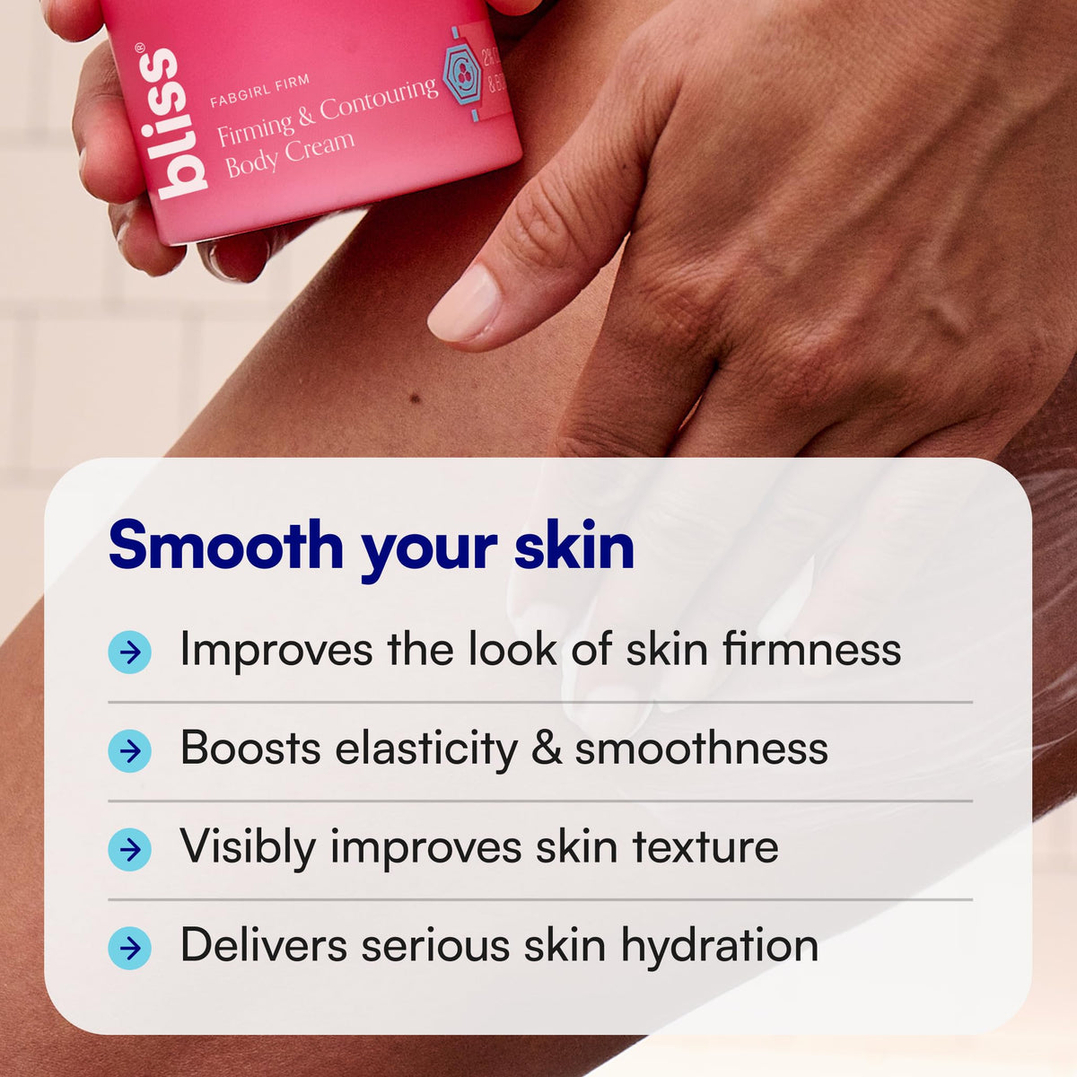Bliss application on leg illustrating targeted contouring and visible smoothing effect