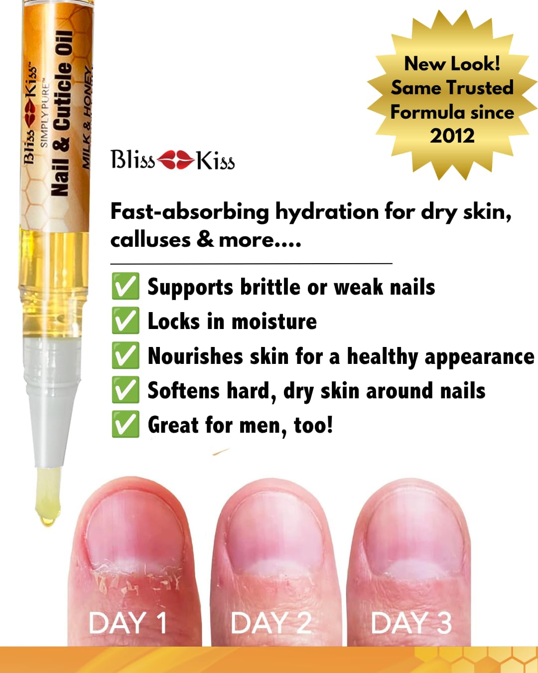 Before and after nails treated with Bliss Kiss showing improved nail appearance
