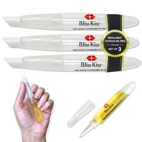 Bliss Kiss front view of three refillable cuticle oil pens showing neat packaging and convenience