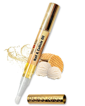 Bliss Kiss front packaging showing four vanilla nail oil pens and travel convenience