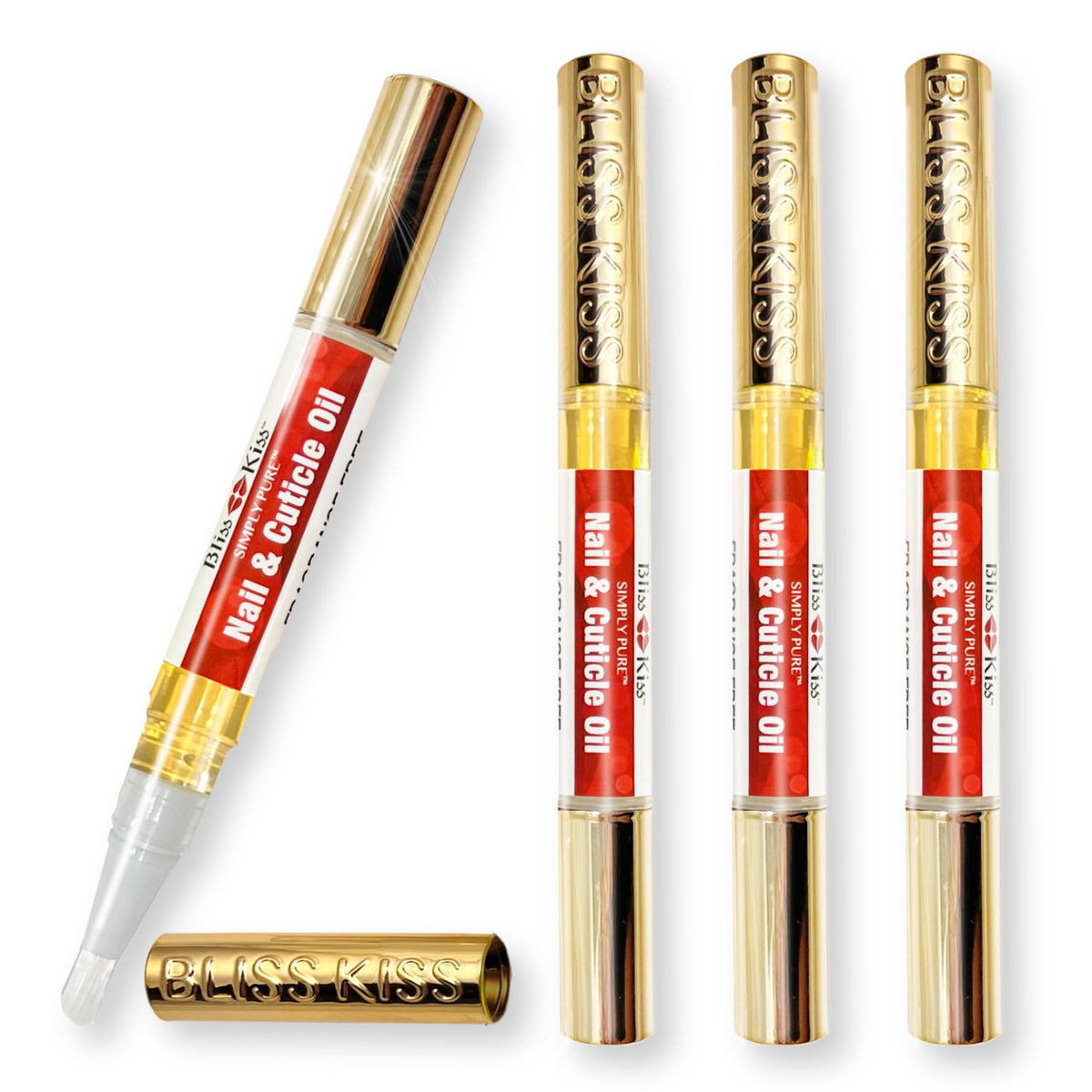 Bliss Kiss front packaging showing four fragrance-free nail oil pens, convenient kit
