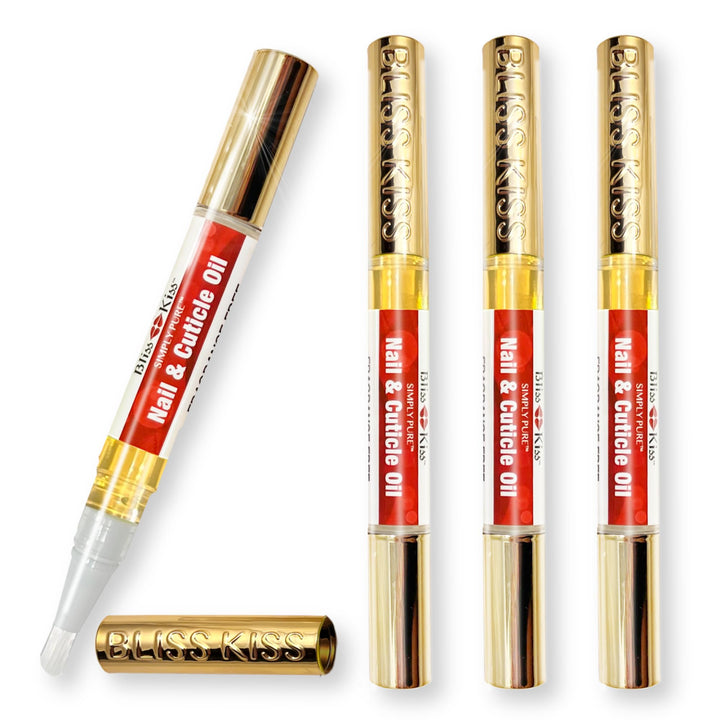 Bliss Kiss front packaging showing four fragrance-free nail oil pens, convenient kit