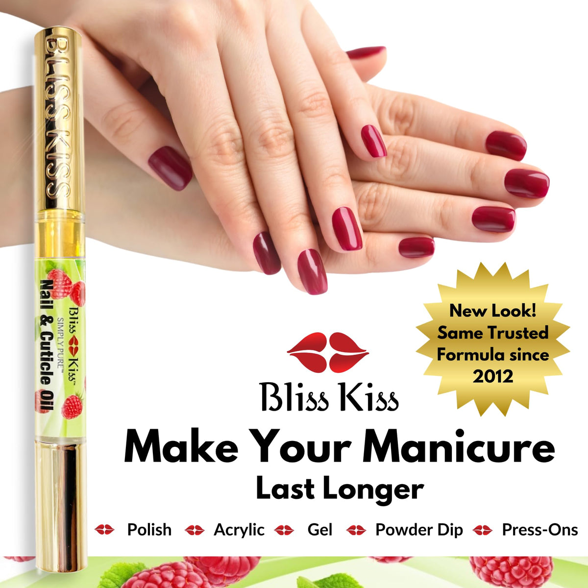 Bliss Kiss product label showing ingredients and USA-made quality assurance