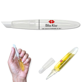 Bliss Kiss pen on desk near manicure tools illustrating convenience
