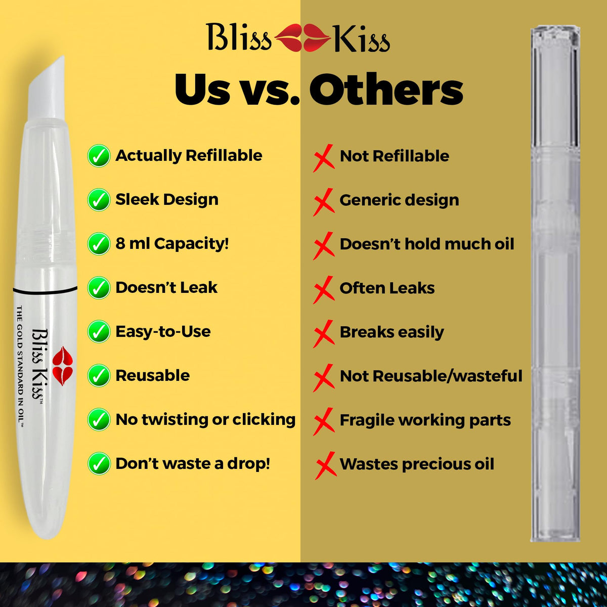 Bliss Kiss pen filled to 8ml line demonstrating generous capacity