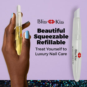 Bliss Kiss brush applying oil to nail edge demonstrating targeted hydration and neat finish