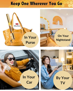 Bliss Kiss pen tucked in a purse demonstrating travel-ready nail care