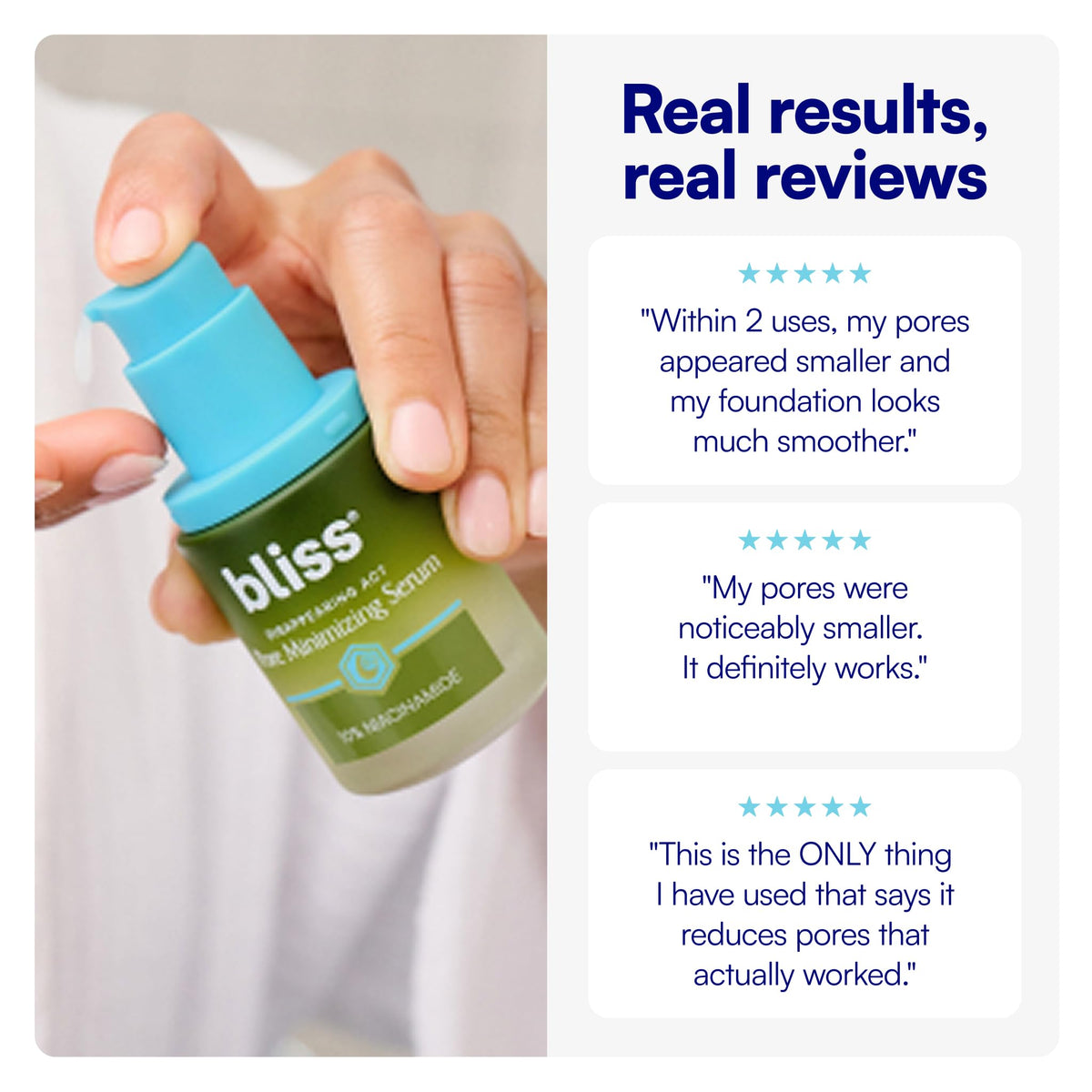 Bliss label close-up highlighting niacinamide and ingredient transparency
