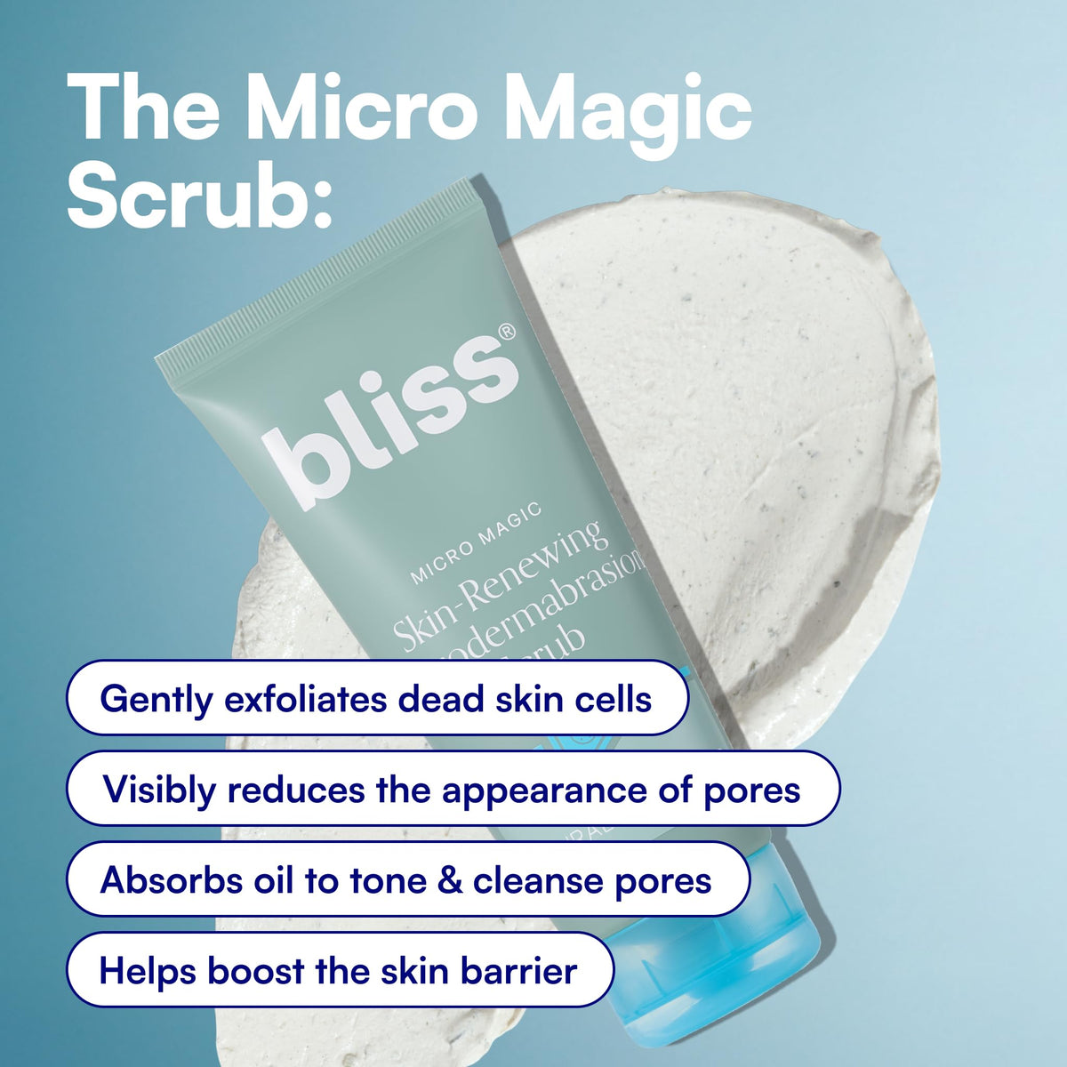 Bliss micro magic texture closeup showing fine volcanic pumice for smooth exfoliation benefit