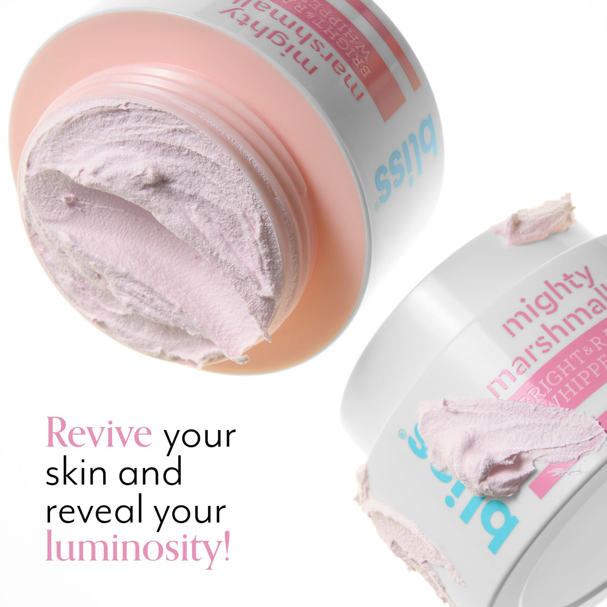Bliss applying whipped mask to model's cheek demonstrating ease of use and quick coverage