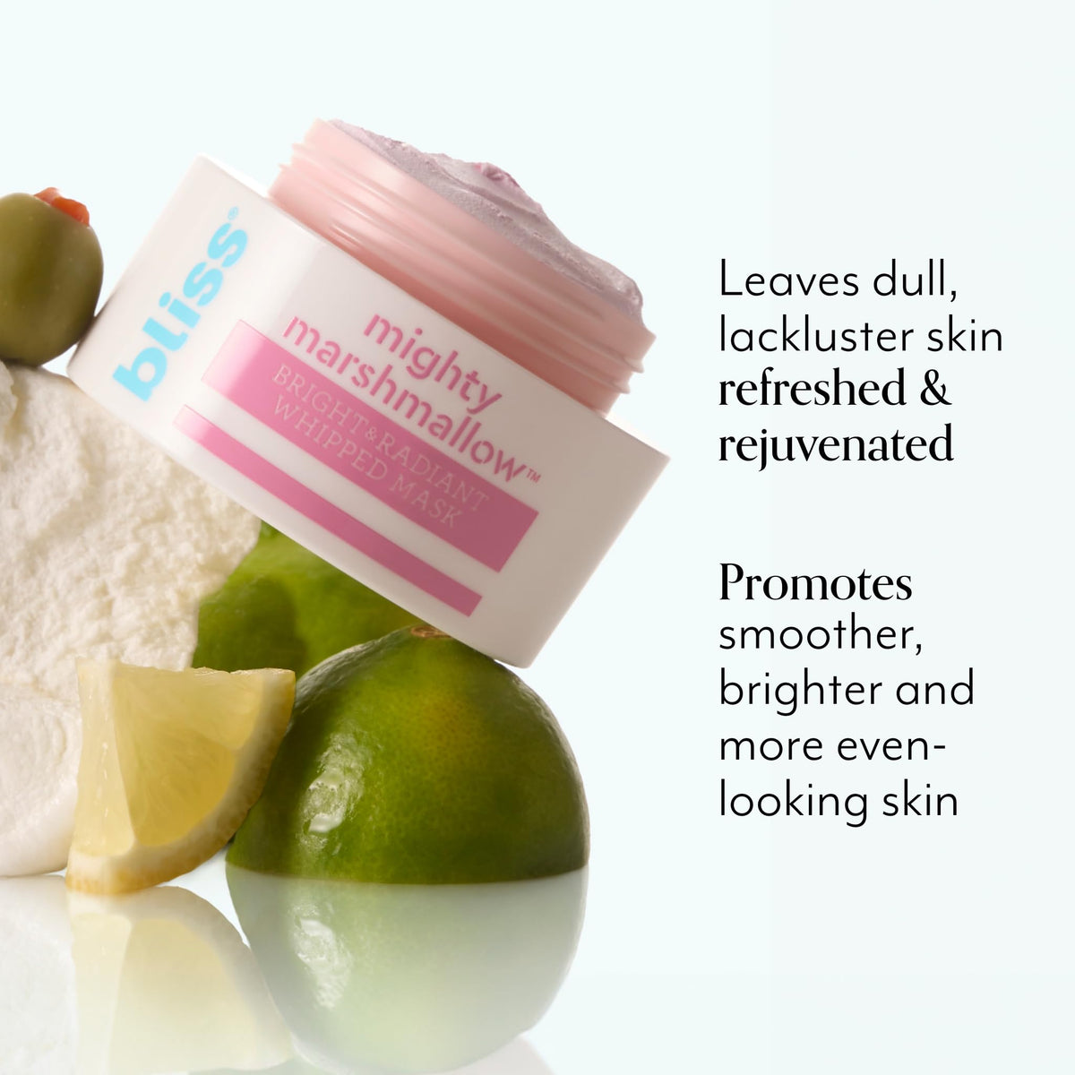 Bliss whipped pink mask texture in open jar highlighting airy cushiony consistency for easy spread