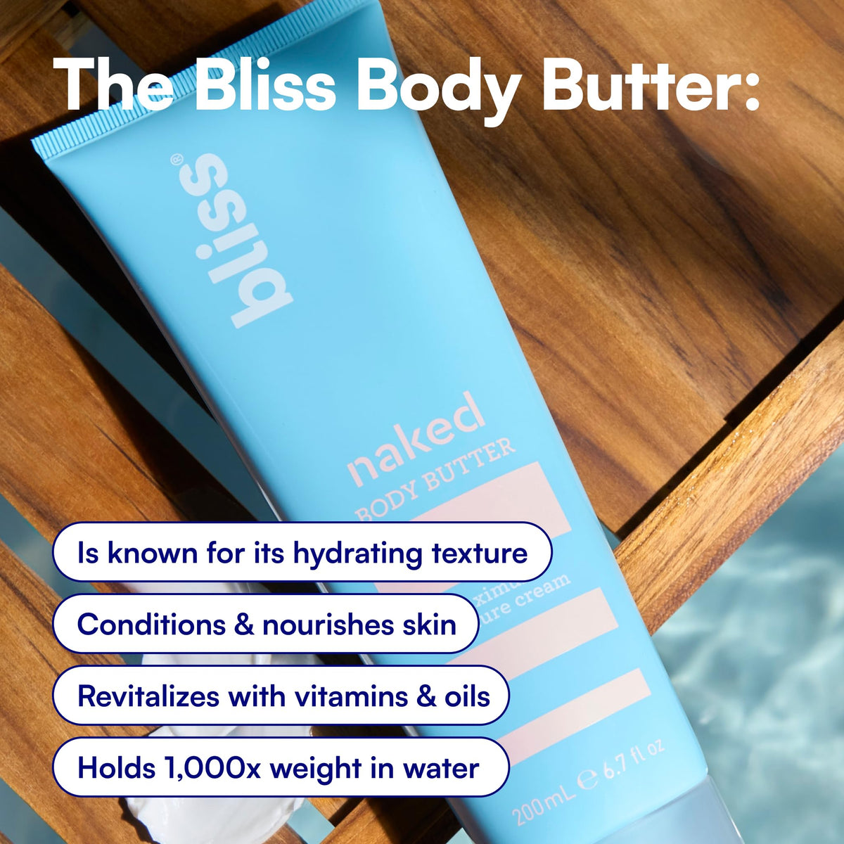 bliss naked body butter being smoothed onto elbow to soothe dry skin