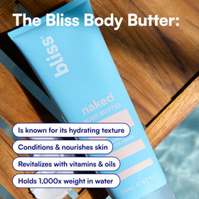 bliss naked body butter being smoothed onto elbow to soothe dry skin