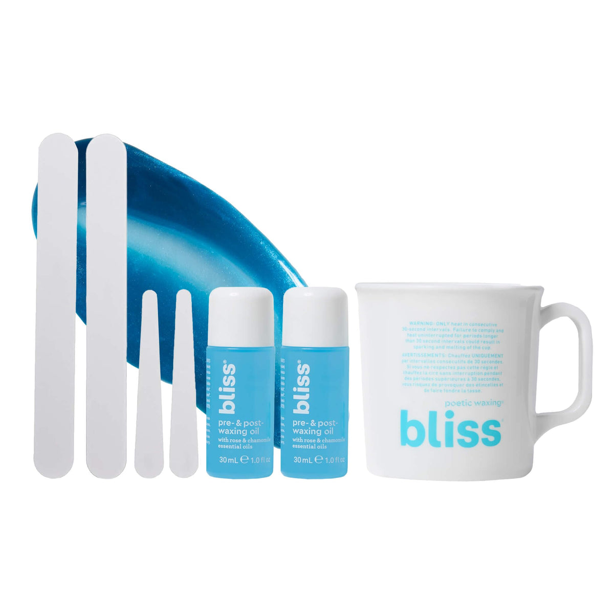 Bliss front packaging showing kit components and easy home waxing benefit