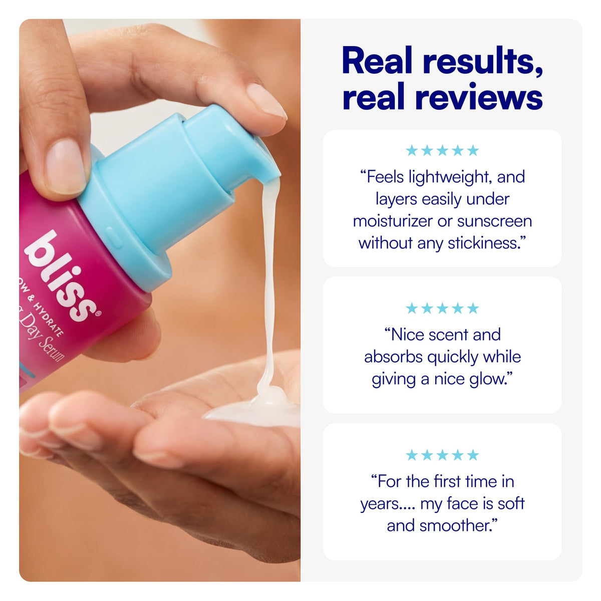 Bliss serum on bathroom counter with towel, suggests daily skincare routine convenience