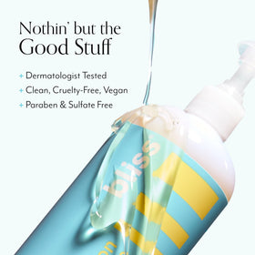Bliss product label close-up listing aloe, glycerin and paraben-free benefits