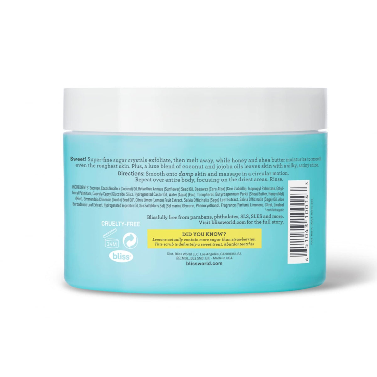 Bliss close-up texture with sugar crystals visibly exfoliating and smoothing