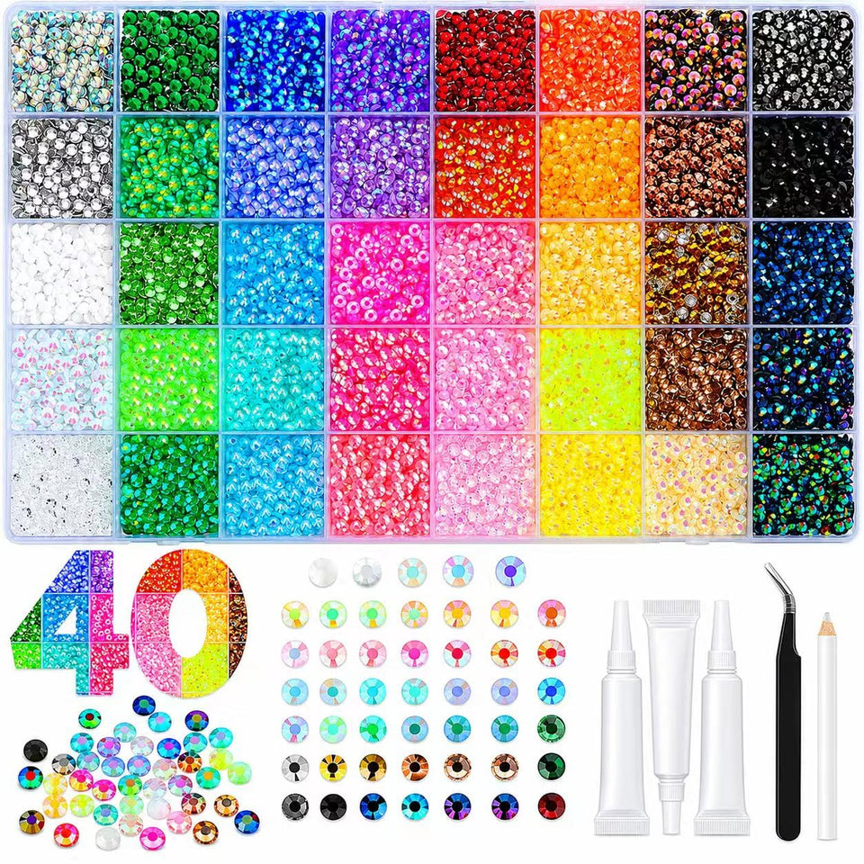 BlissVeritura box open showing 40-color grid and organized rhinestones for quick selection