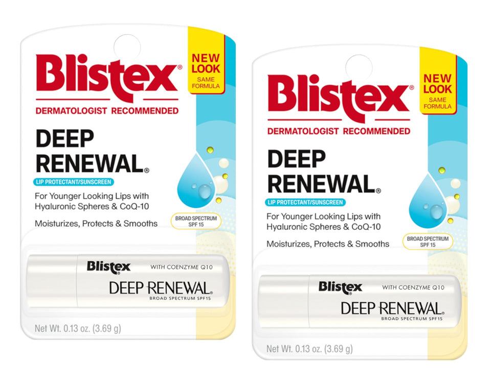 Blistex Deep Renewal front packaging showing SPF 15 and pack of two benefits