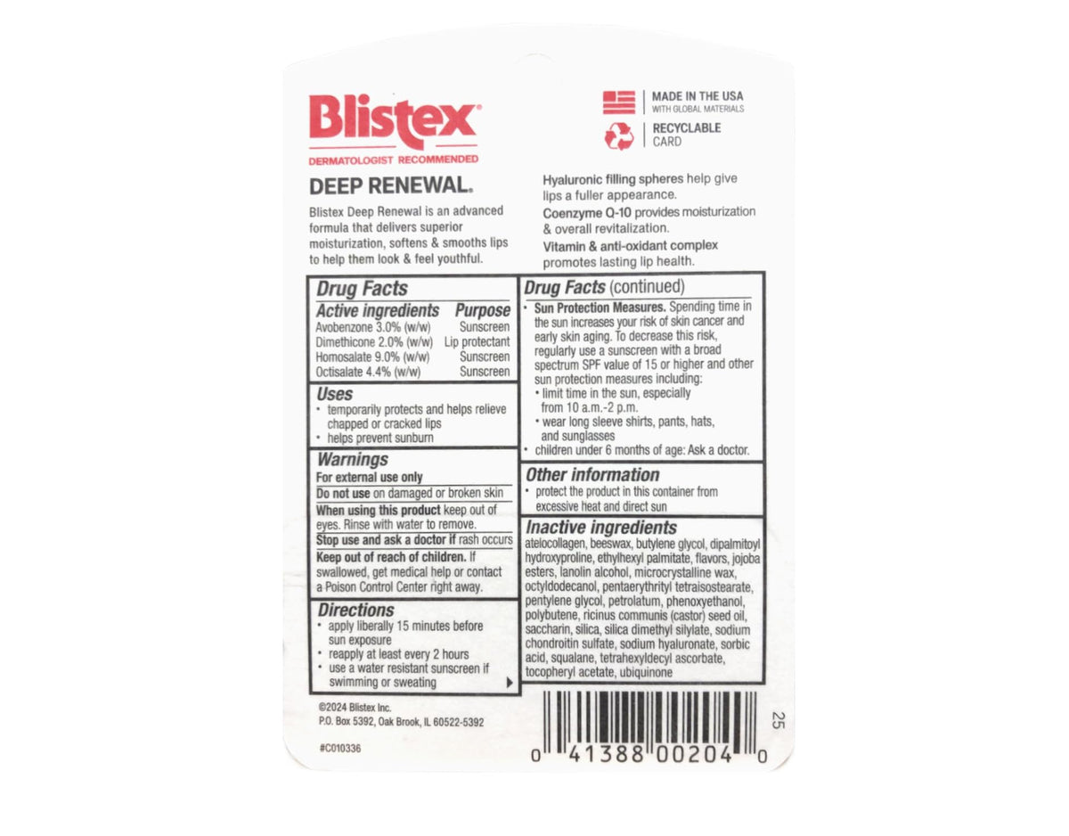 Blistex Deep Renewal ingredients label highlighting CoQ-10 and hyaluronic spheres