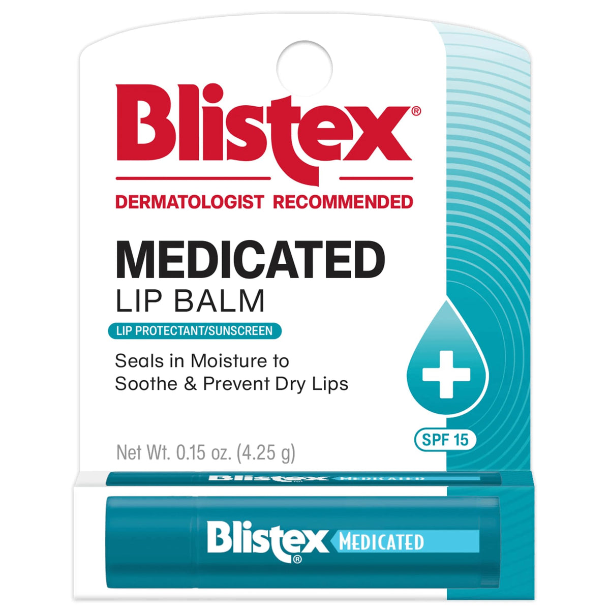 Blistex front packaging showing medicated SPF15 for immediate lip relief