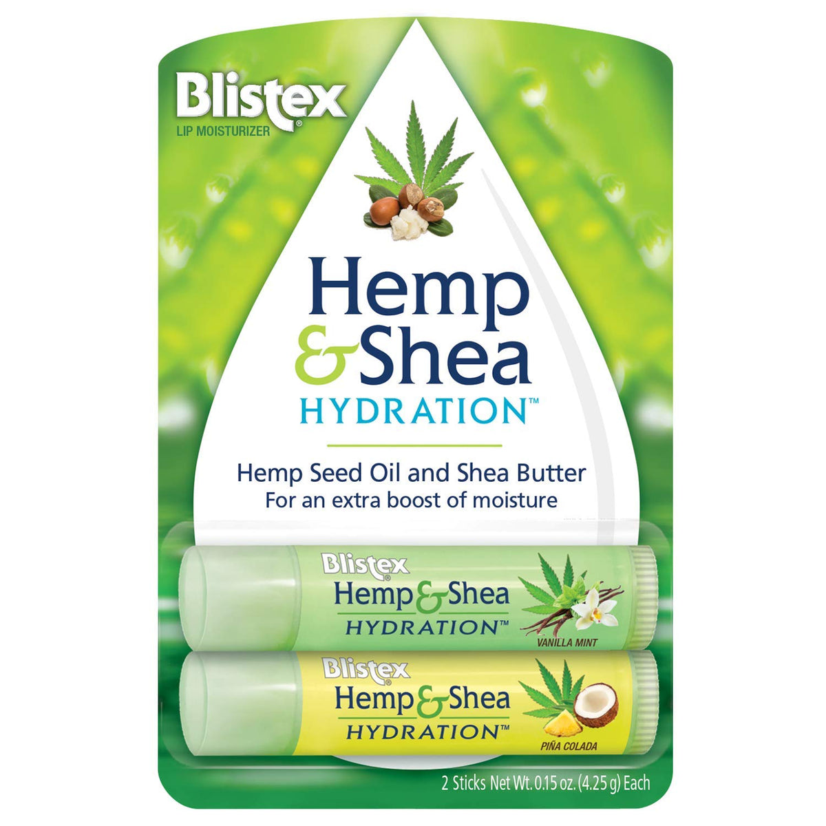 Blistex hemp and shea front packaging showing both flavored tubes and benefits