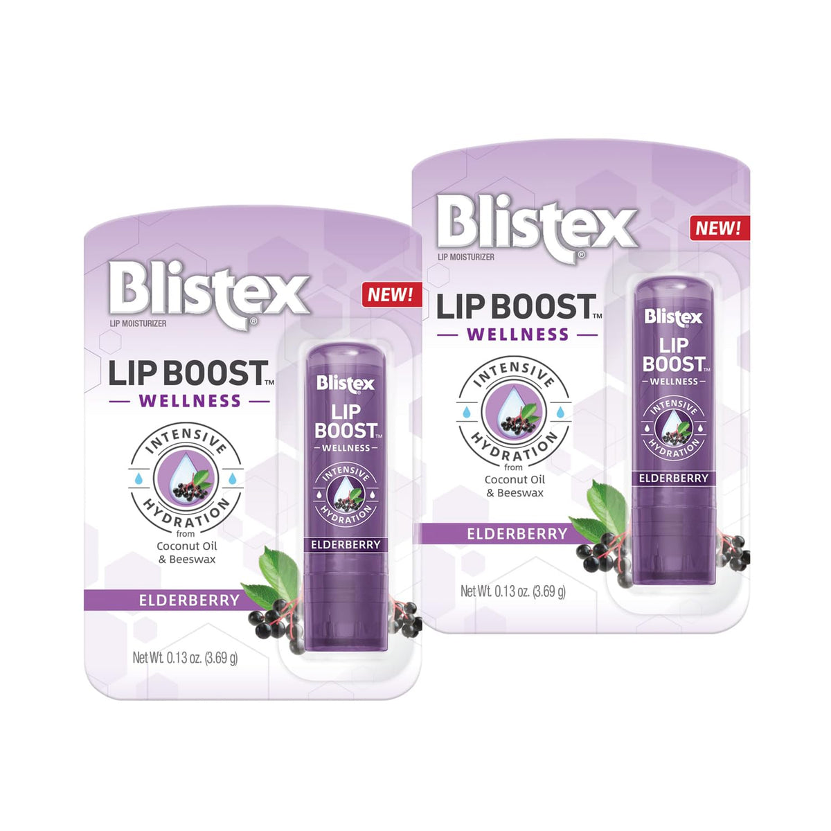 Blistex Lip Boost Wellness front packaging showing two balms and recyclable card, hydrates lips