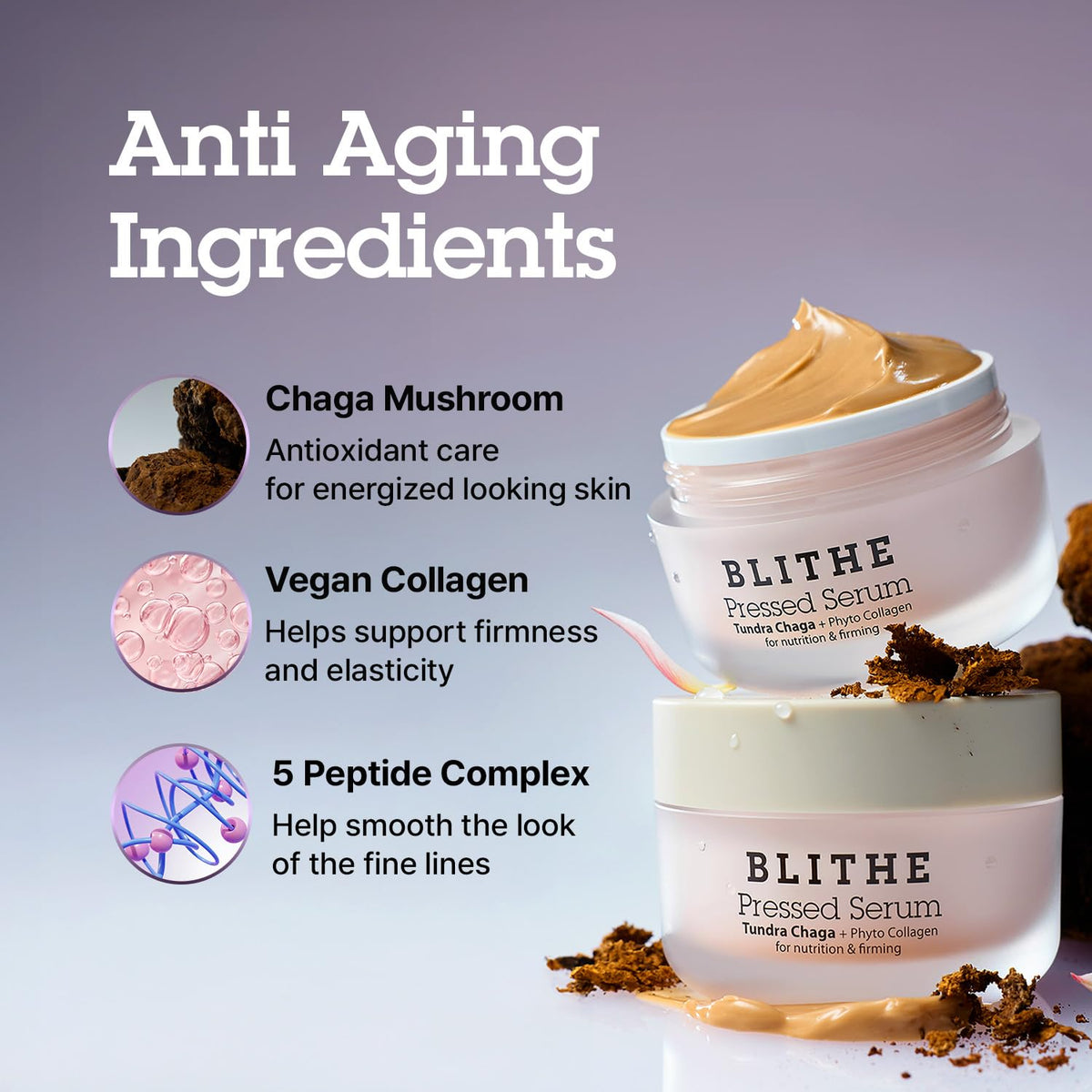 BLITHE Chaga mushroom ingredient shot emphasizing antioxidant benefit