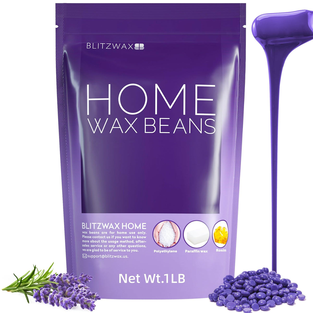 BLITZWAX front packaging showing lavender beads and one-pound pouch, clear product ID and benefit
