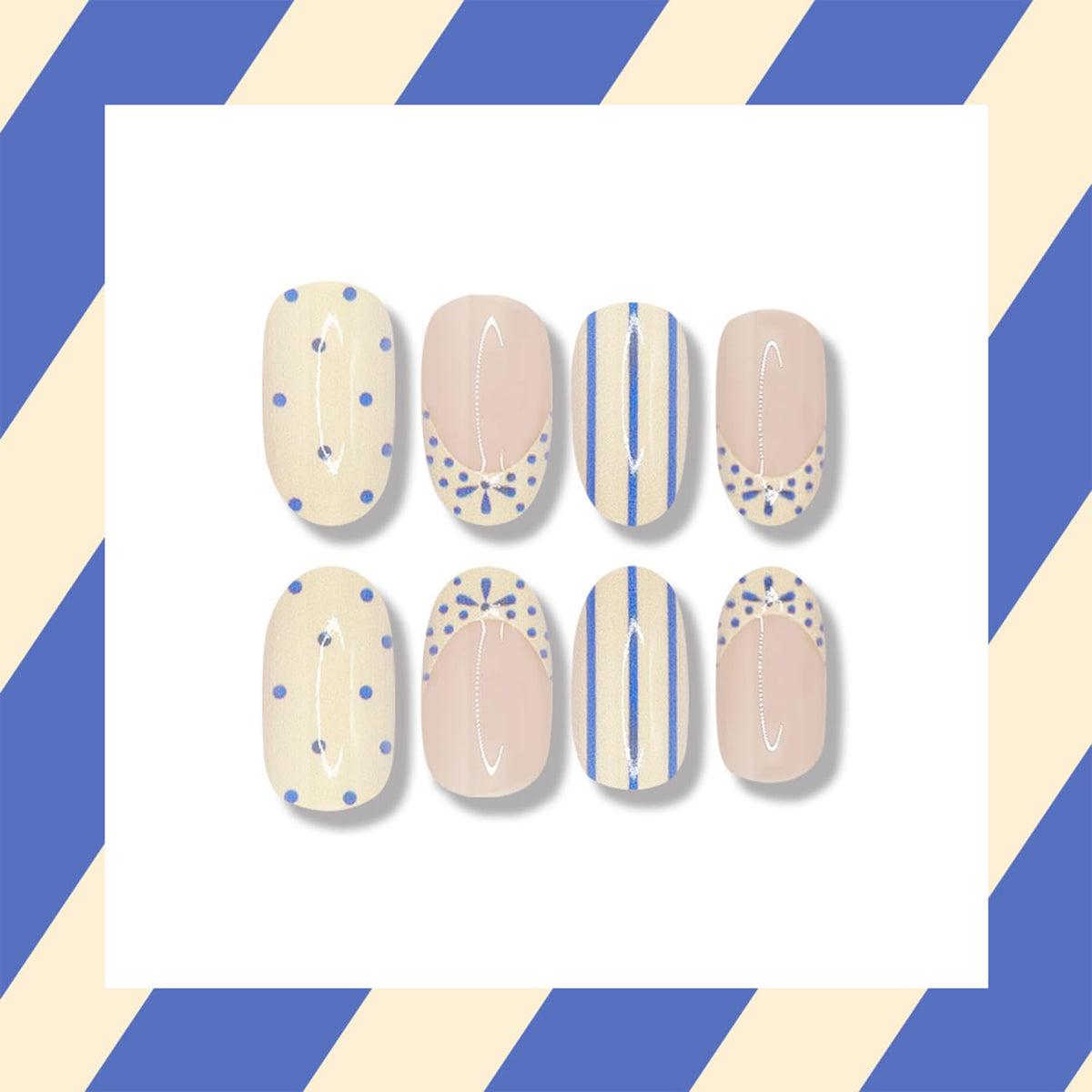 Bloazife detailed view of blue polka-dot and stripe design, shows playful decorative accents
