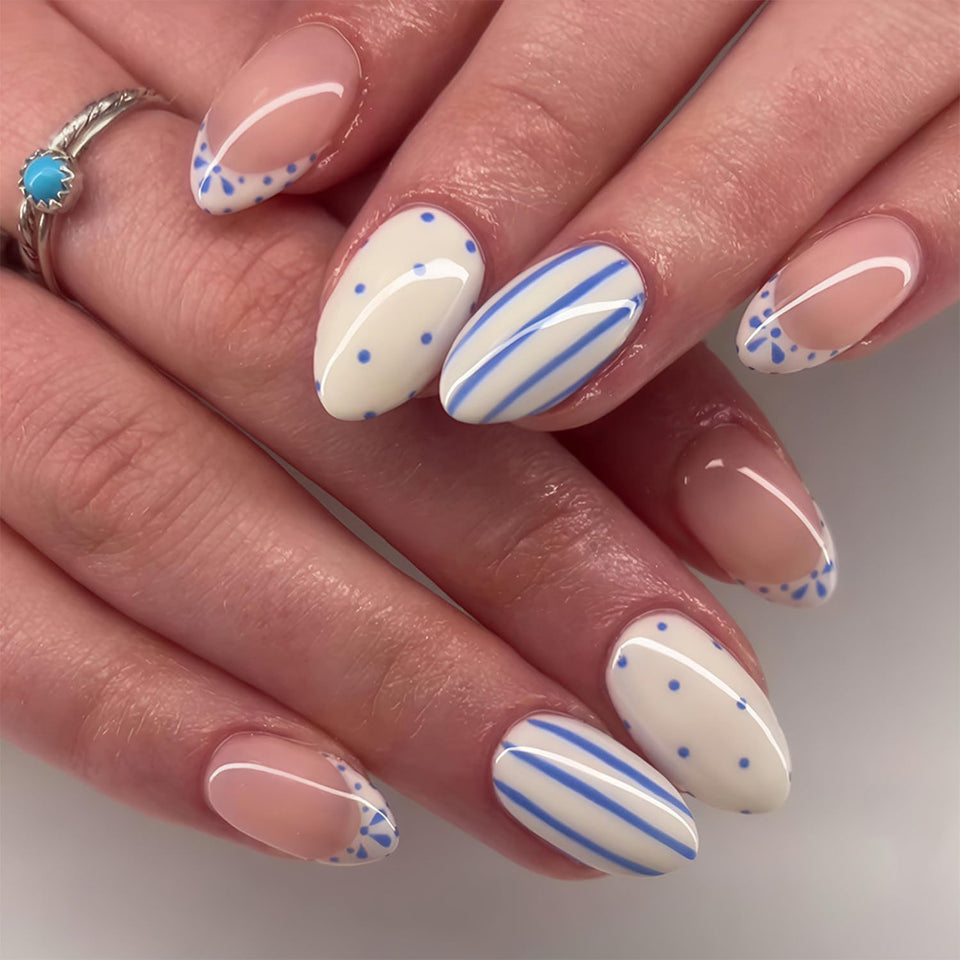 Bloazife front packaging showing white French tips and blue polka dots, stylish convenience