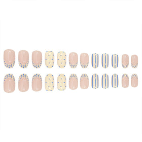 Bloazife press-on nails on model hand, shows wearable short almond manicure benefit