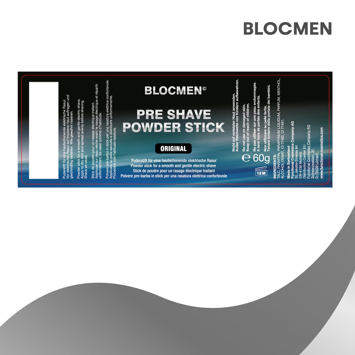 Blocmen stick on bathroom counter lifestyle shot showing quick shaving prep routine