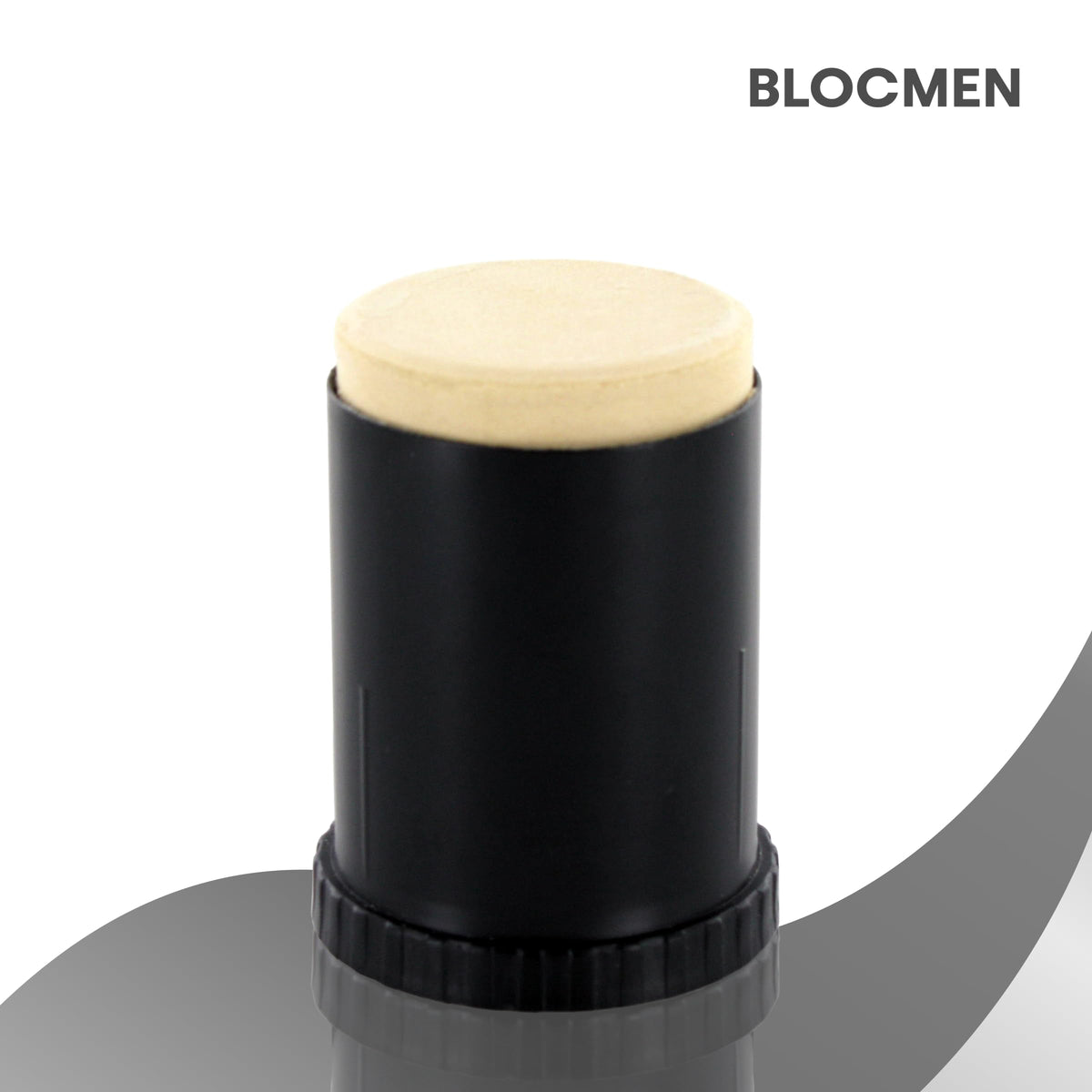Blocmen stick texture close-up revealing smooth solid formula for even application