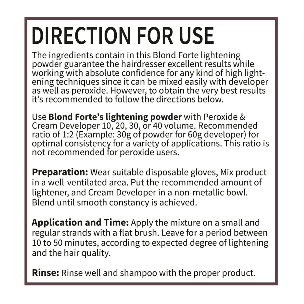 Blond Forte label close-up with directions, clear mixing and safety benefit