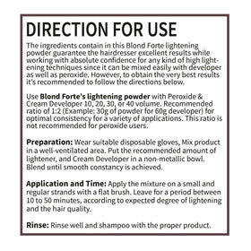 Blond Forte label close-up with directions, clear mixing and safety benefit