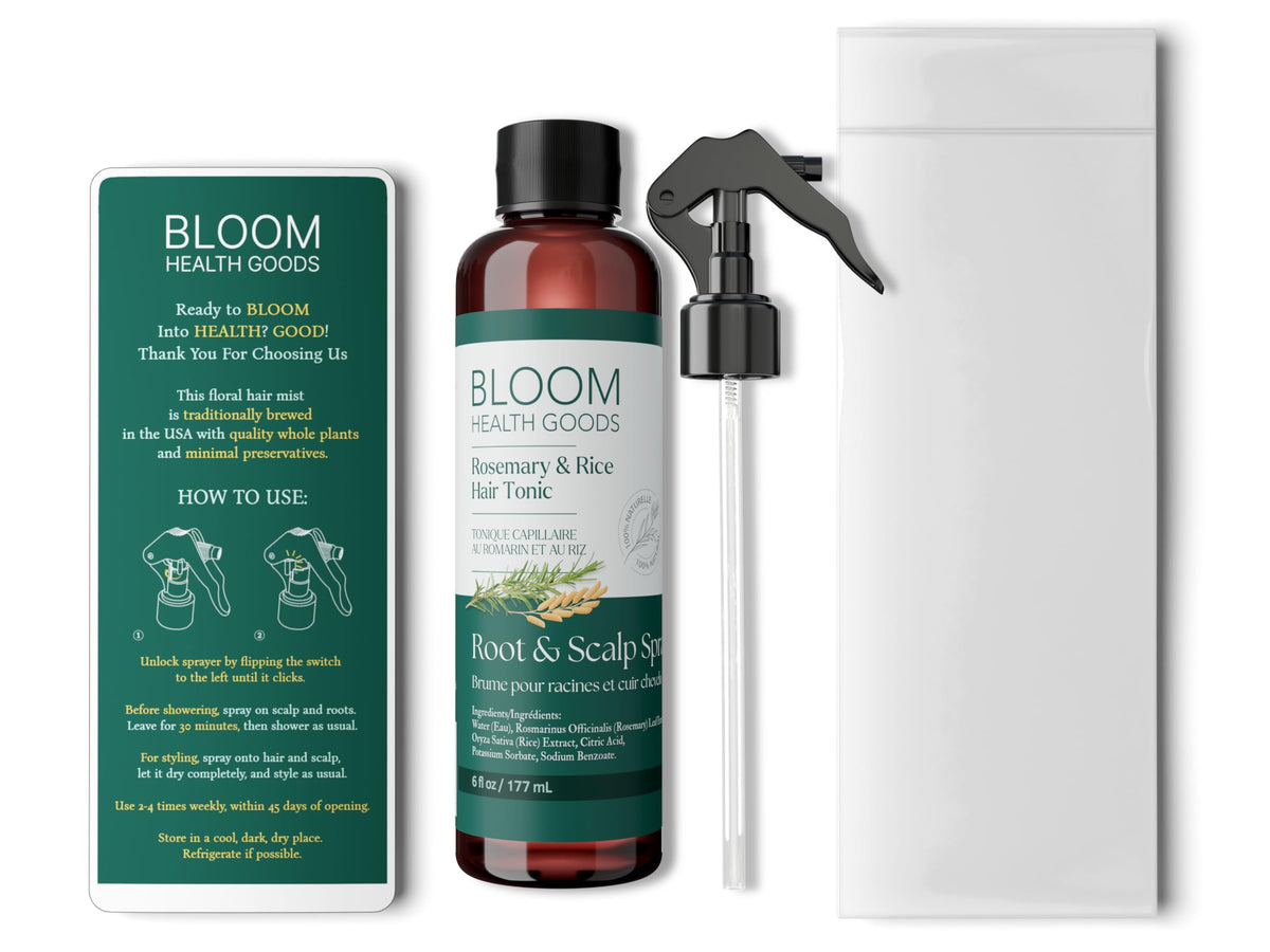 Bloom Health Goods mist being applied to scalp demonstrating easy leave-in freshness