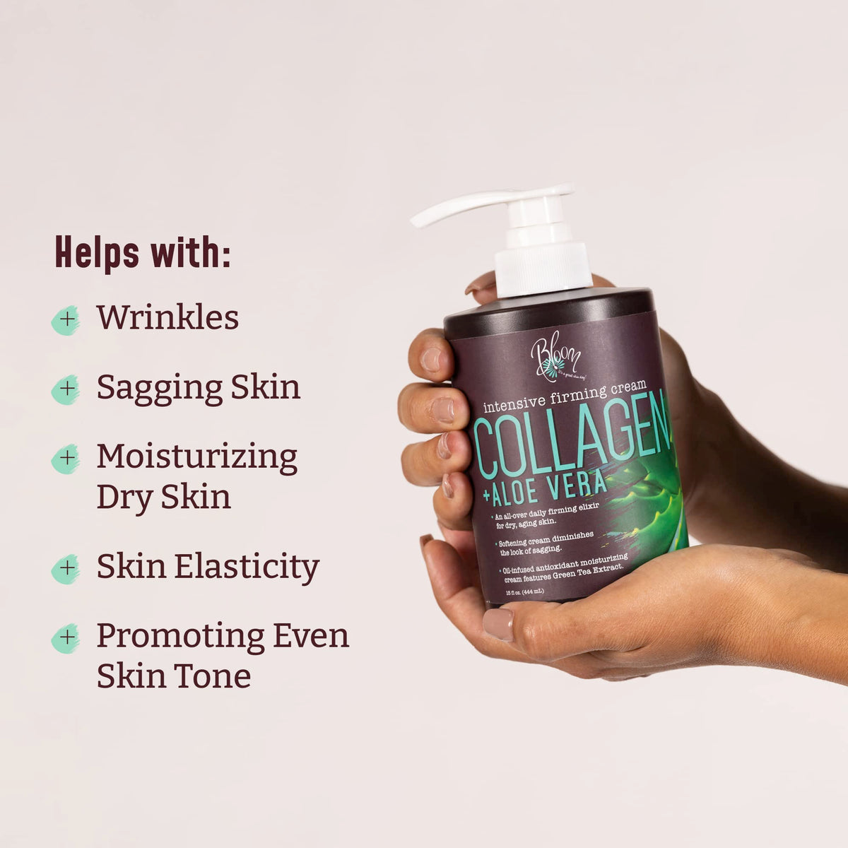 BLOOM label close-up highlighting collagen aloe vera and vitamin E benefits