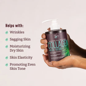 BLOOM label close-up highlighting collagen aloe vera and vitamin E benefits