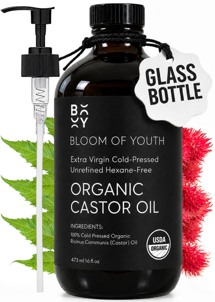 Bloom of Youth amber glass bottle showing full 16oz and pump for clean use