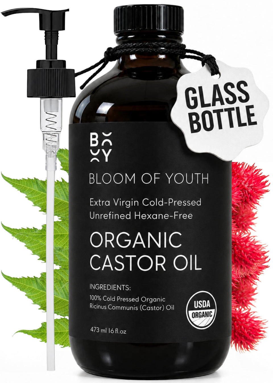 Bloom of Youth amber glass bottle showing full 16oz and pump for clean use
